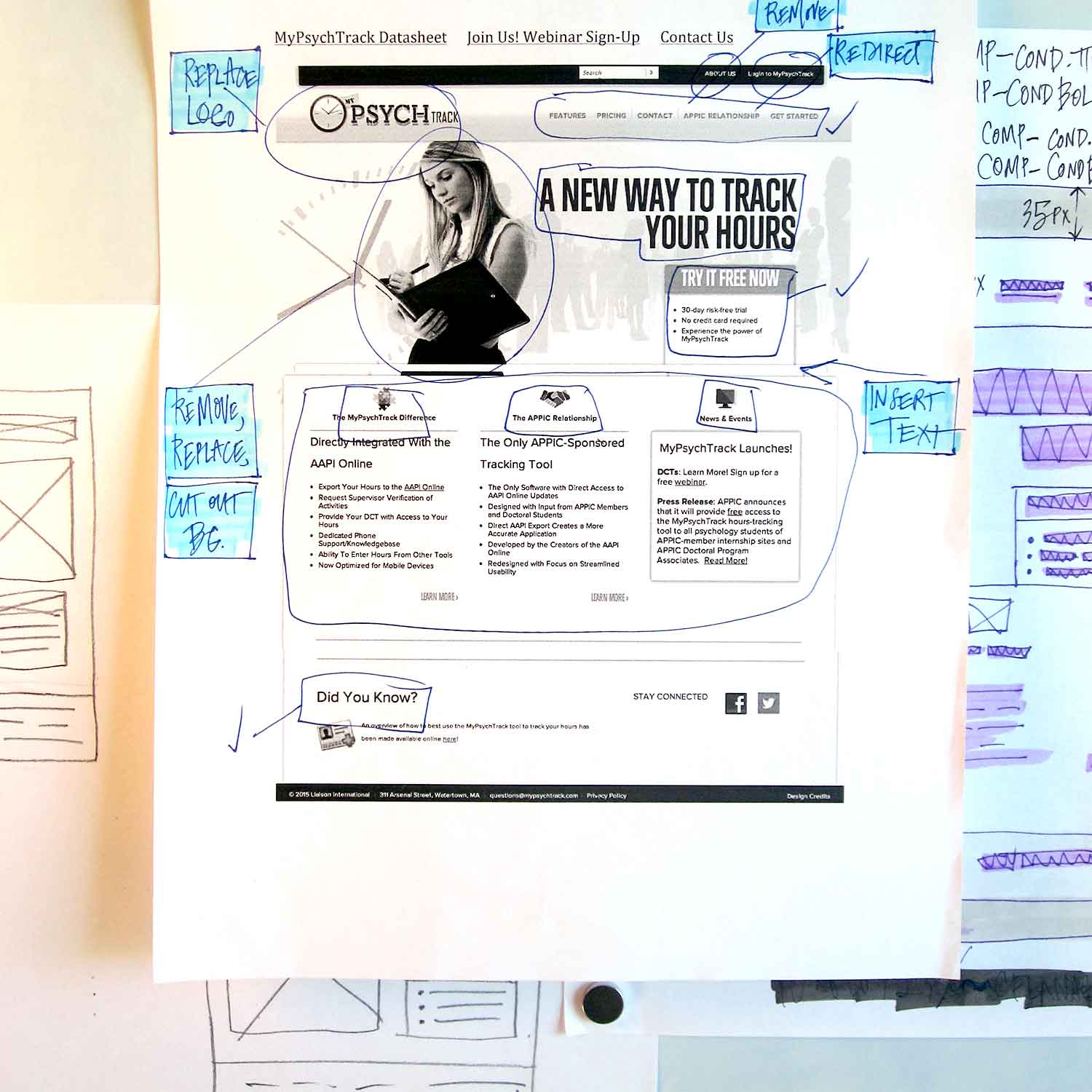 a photograph of some notes regarding the development of the MyPsychTrack marketing website