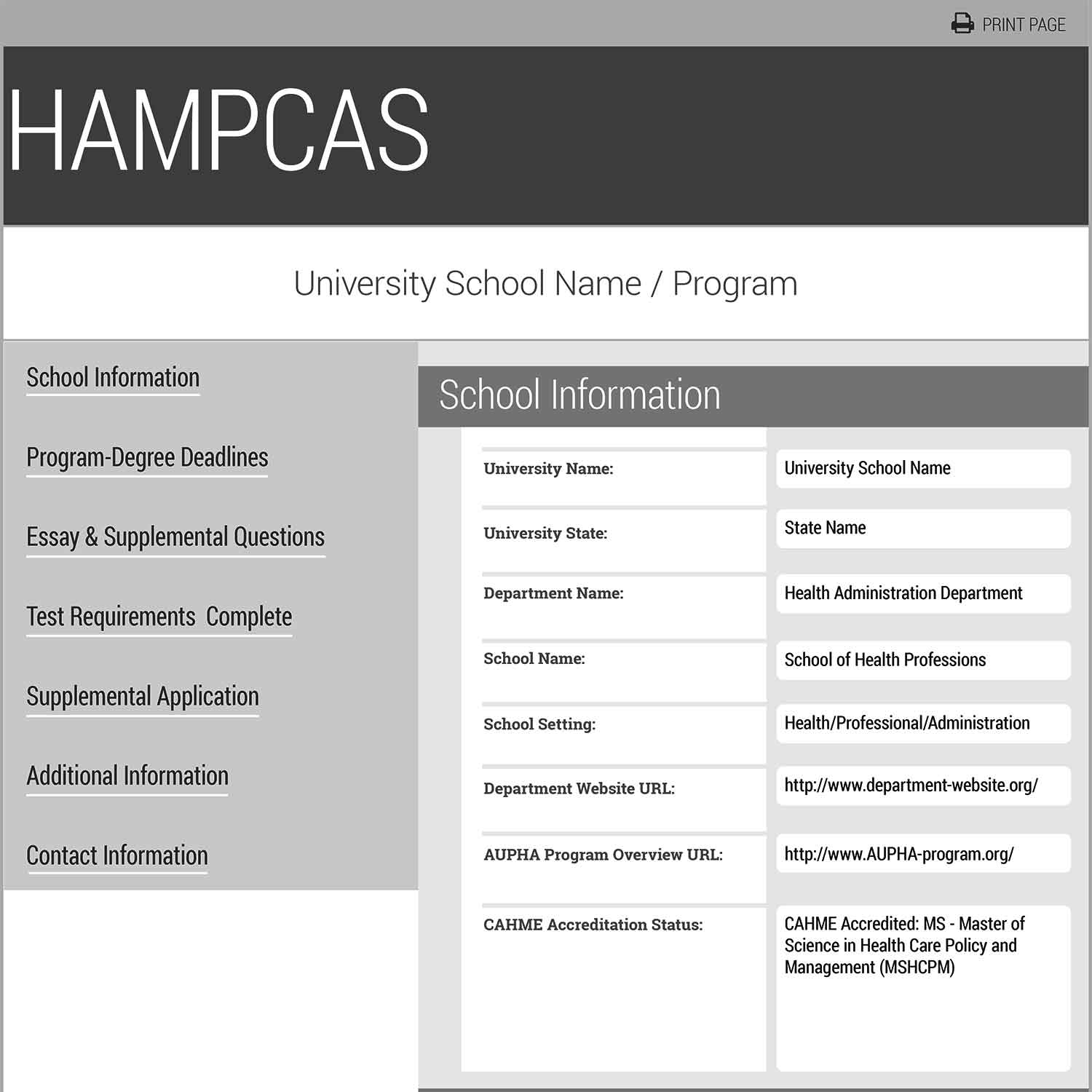 a screenshot of a HAMPCAS Program Page Demo wireframe
