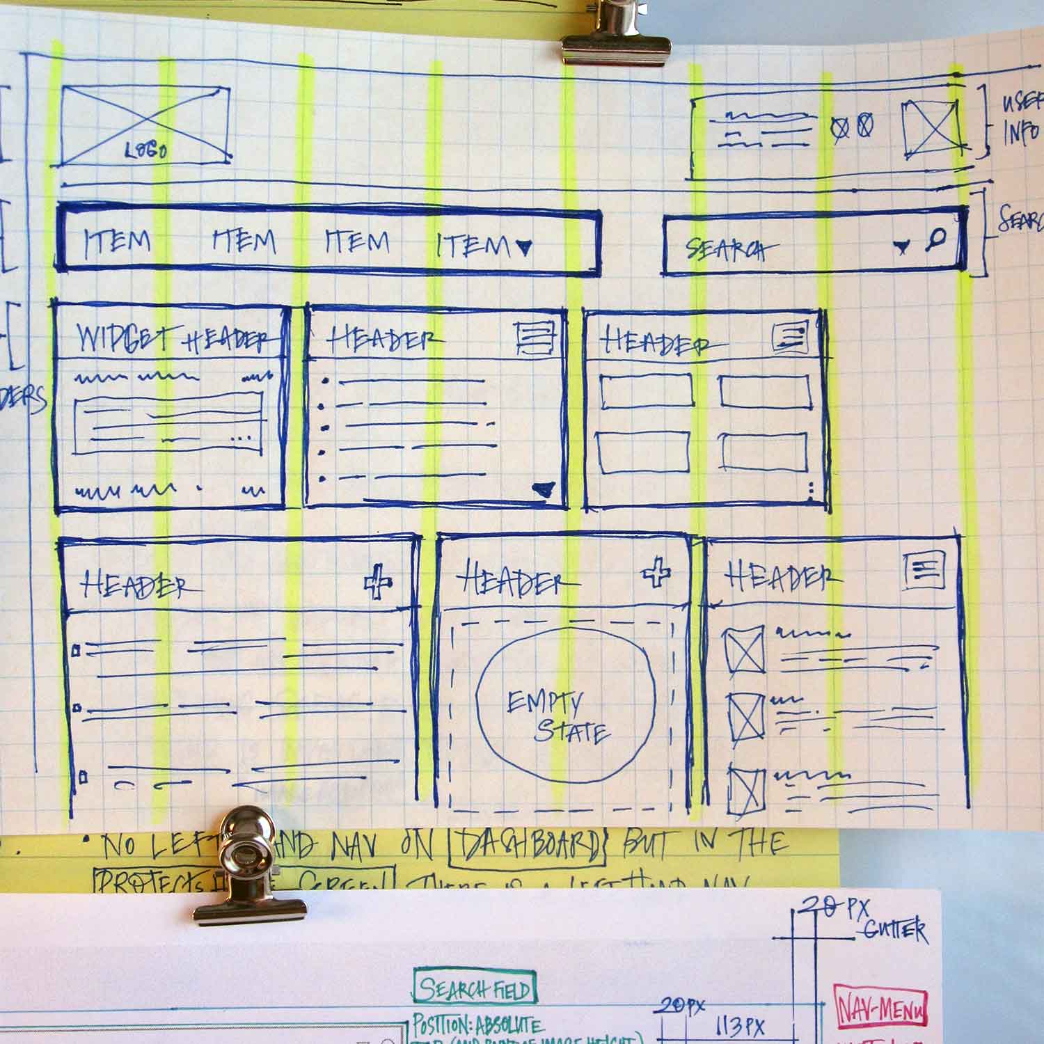 a photograph of some low-fidelity wireframes for the Kapco Global Sharepoint portal
